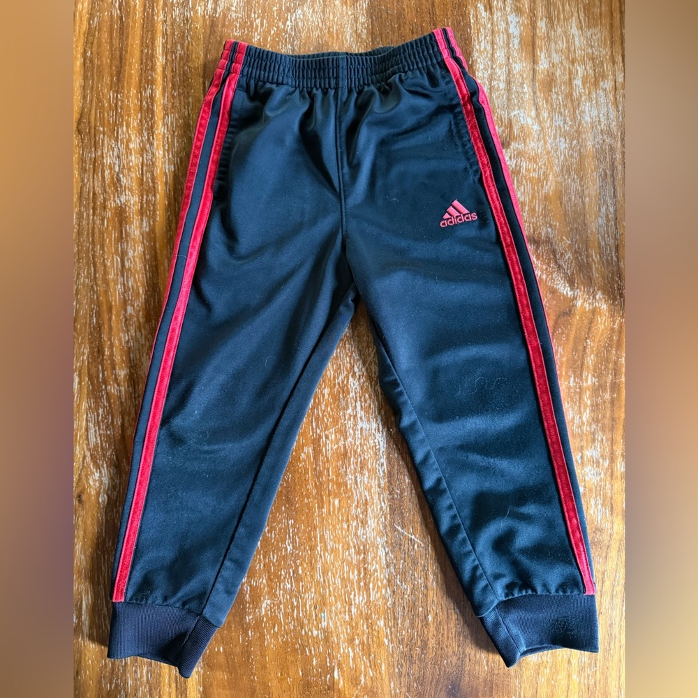 adidas Kids Black Joggers with Red Side Stripes